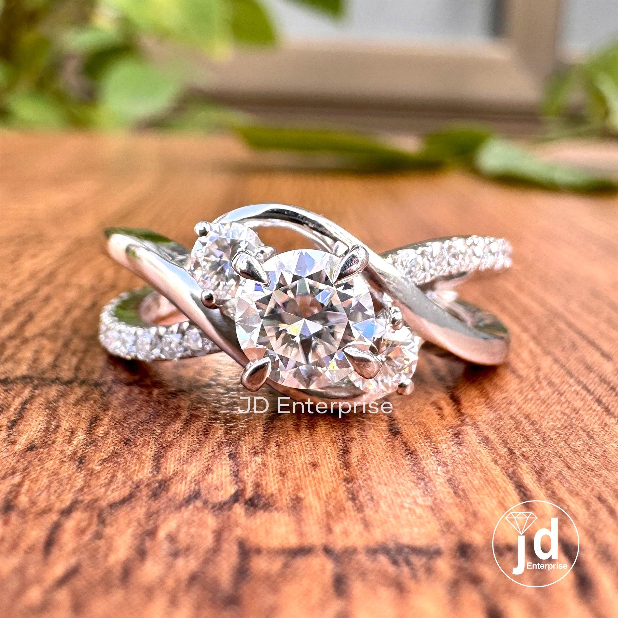 1.12 CT Colorless Round Cut Moissanite Engagement Ring, Three Stone Wedding Ring, Pave Bypass Shank Designer Ring, Anniversary Ring
