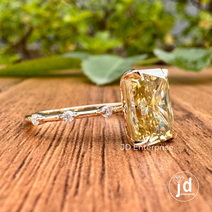 3.00CT Radiant Cut Canary Yellow Moissanite Engagement Ring, Distance Pave Ring, Side Stone Round Cut, 10k Yellow Gold Anniversary Gift Ring