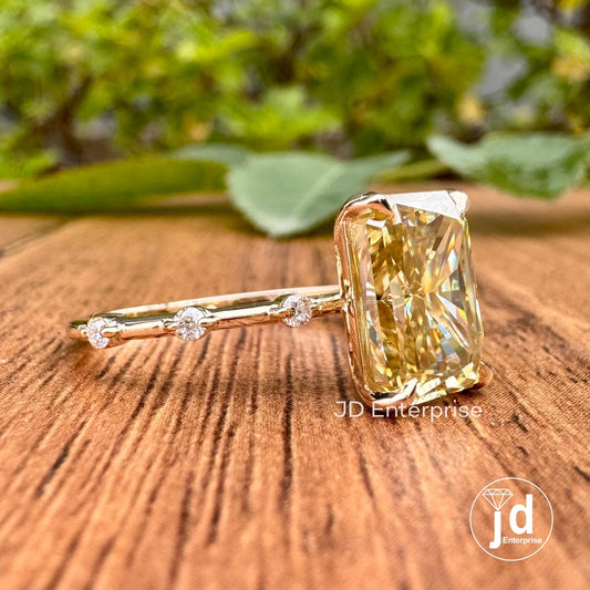 3.00CT Radiant Cut Canary Yellow Moissanite Engagement Ring, Distance Pave Ring, Side Stone Round Cut, 10k Yellow Gold Anniversary Gift Ring