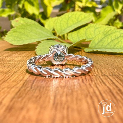 1.00 CT Round Cut Cyan Bule Moissanite Solitaire Engagement Ring, Claw Prongs, Twisted Rope Band, Wedding Ring, Anniversary Gift