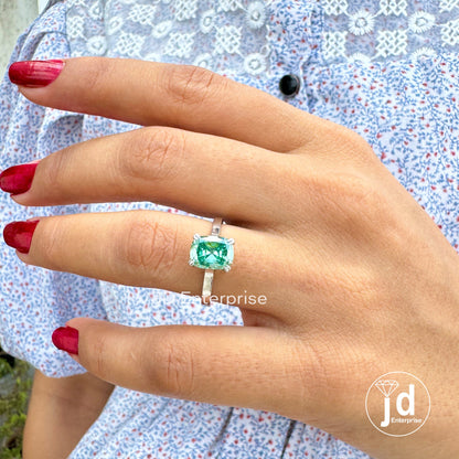 2.10 CT Fancy Green Moissanite Engagement Ring, Elongated Old Mine Cushion Cut Moissanite Anniversary Ring, Solitaire Proposal Ring for Her
