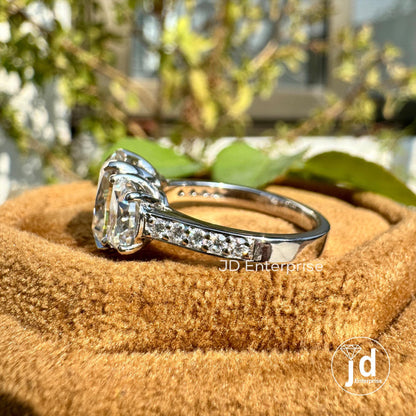 Old Mine Cushion Moissanite Ring, 3.50 TCW Moissanite Engagement Ring, Three Stone Wedding Ring, Halfmoon with Accent Stone, Bridal Ring