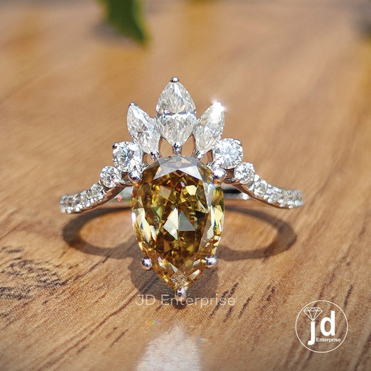 2.00CT Pear Rose Cut Brown Moissanite Engagement Ring, Marquise Cut Ring with Curved Band, Accent Set Wedding Ring, Anniversary Gift, Bridal