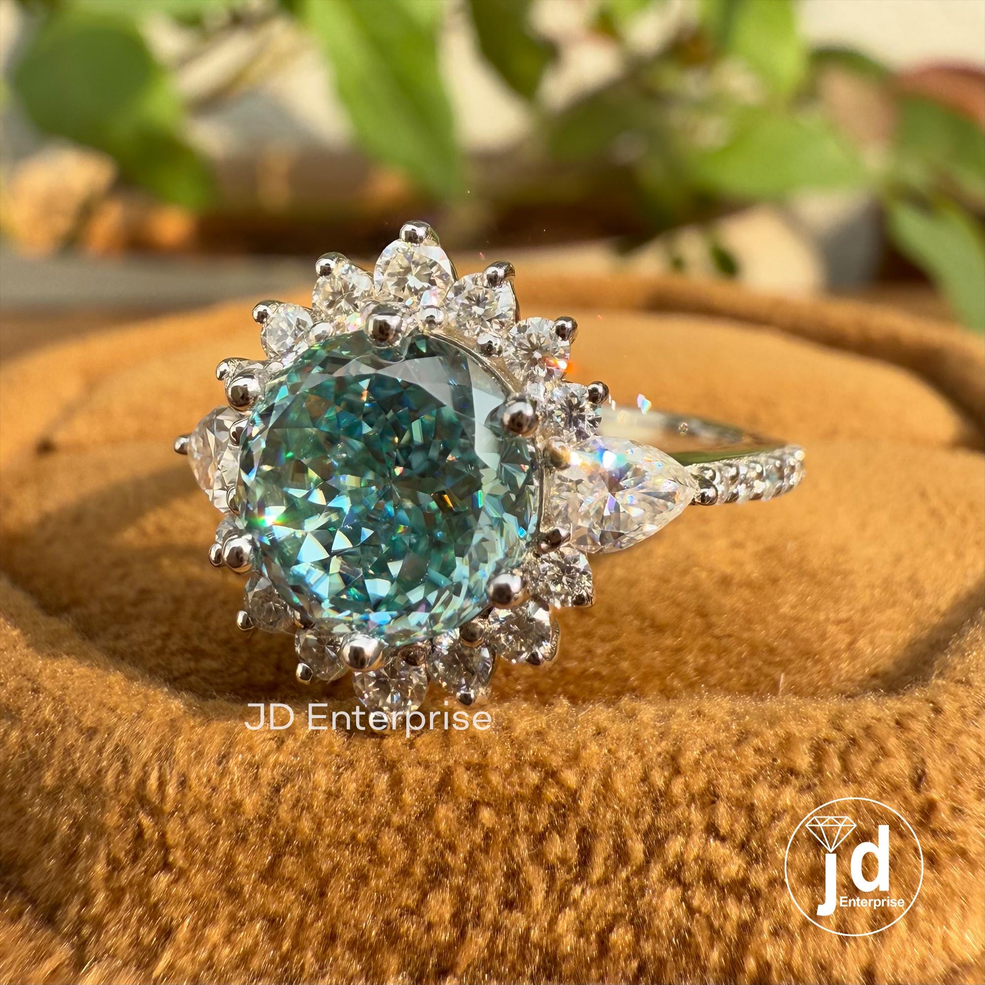 Sunburst Halo Engagement Ring, 2.00 CT Portuguese Cut Cyan Blue Moissanite Wedding Ring, Pave Set Ring, Anniversary Gift Ring, Promise Ring