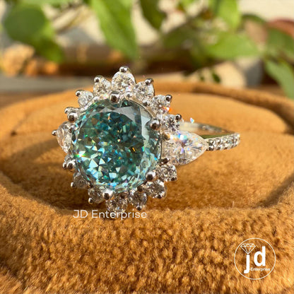 Sunburst Halo Engagement Ring, 2.00 CT Portuguese Cut Cyan Blue Moissanite Wedding Ring, Pave Set Ring, Anniversary Gift Ring, Promise Ring