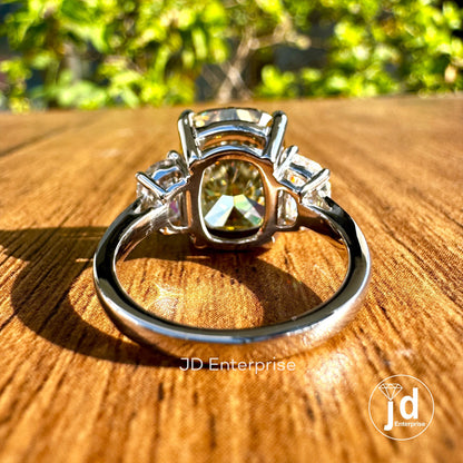 9.30 TW Cushion Cut Canary Yellow Moissanite Ring, Three Stone Engagement Ring, Side Half Moon Cut, Wedding Ring, Elongated Cushion Cut