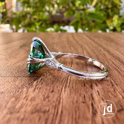 5.01 CT Radiant Cut Green Moissanite Engagement Ring, Vintage Style Wedding Ring, Fish Tail Prong, White/Yellow/Rose Gold Anniversary Ring
