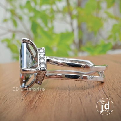 4.70 CT Princess Cut Dark Grey Moissanite Engagement Ring, Hidden Halo Wedding Ring, Compass Set, Split Pave Ring, Anniversary Gift Ring