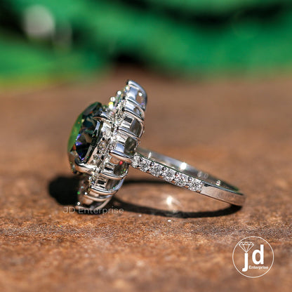3.60 CT Round Cut Bluegreen Moissanite Engagement Ring, Vintage Halo Anniversary Ring, Pave Set Wedding Rings for Women, Bridal Ring Set