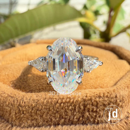 4.00 CT Oval Step Cut Moissanite Engagement Ring, Three Stone Wedding Ring, Shield Cut Moissanite, Trilogy Ring, Cocktail Ring for Women