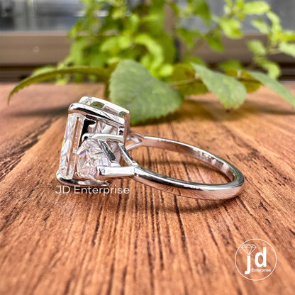Three Stone Radiant Cut Engagement Ring, 5.65 TW Large Radiant Moissanite Ring, Celebrity Style, Crushed Ice Moissanite, Luxury Wedding Ring
