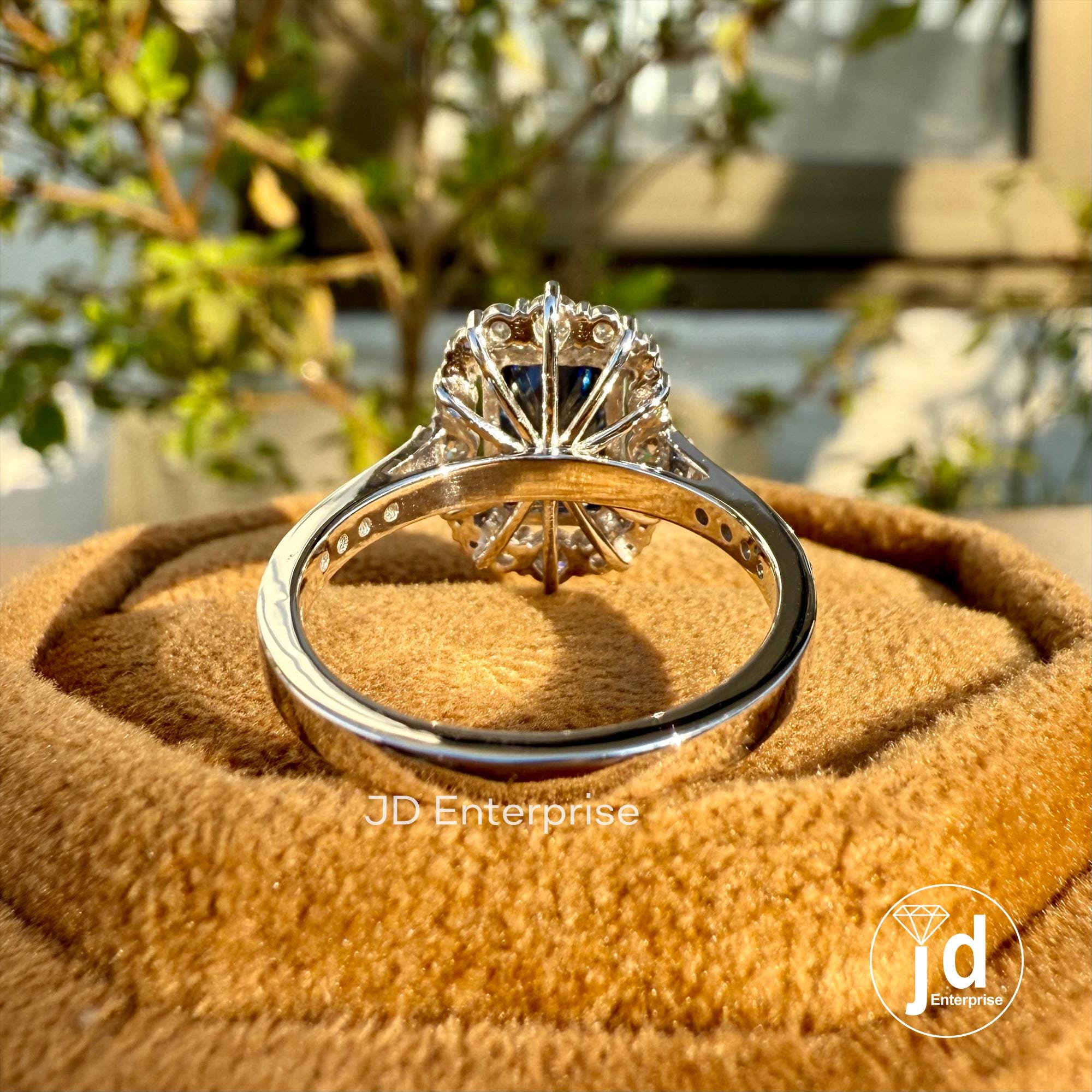 Vintage Engagement Ring, 3.12 TCW Radiant Cut Dark Blue Moissanite Wedding Ring, Flower Style Halo Ring, Double Prongs, Anniversary Gift