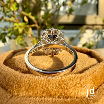 Vintage Engagement Ring, 3.12 TCW Radiant Cut Dark Blue Moissanite Wedding Ring, Flower Style Halo Ring, Double Prongs, Anniversary Gift