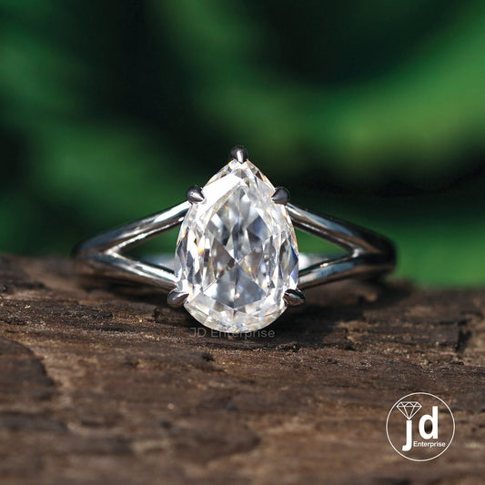 1.70 CT Colorless Pear Rose Cut Moissanite Engagement Ring, Split Shank Wedding Ring, Flat Old Cut Moissanite Ring, Anniversary Ring, Bridal