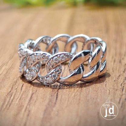 Mexican Cuban Link Ring, Colorless Fiery Round Brilliant Cut Moissanite Wedding Band for Groom, Men's Band, Half Eternity Ring for Him