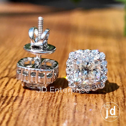 Cushion Cut Moissanite Earrings for Women, Screw Back Earrings, Anniversary Gifts, Halo Moissanite Bridal Earrings, Wedding Earrings