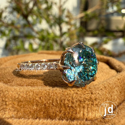 Vintage Engagement Ring, 4.00 CT Portuguese Cut Cyan Blue Moissanite Ring, Claw Prongs Rose Gold Wedding Ring, Accent Anniversary Gifts