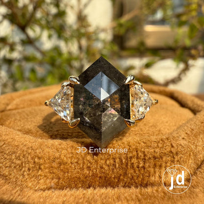 Raw Diamond Step Cut Hexagon & Triangle Moissanite, Salt and Pepper, Yellow Gold Engagement Ring, Three Stone Geometric Diamond Wedding Ring