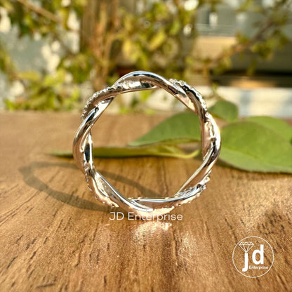 Infinity Twisted Moissanite Ring, Colorless Round Cut Moissanite Wedding Band, Moissanite Eternity Band, Dainty Stacking Band, Proposal Band