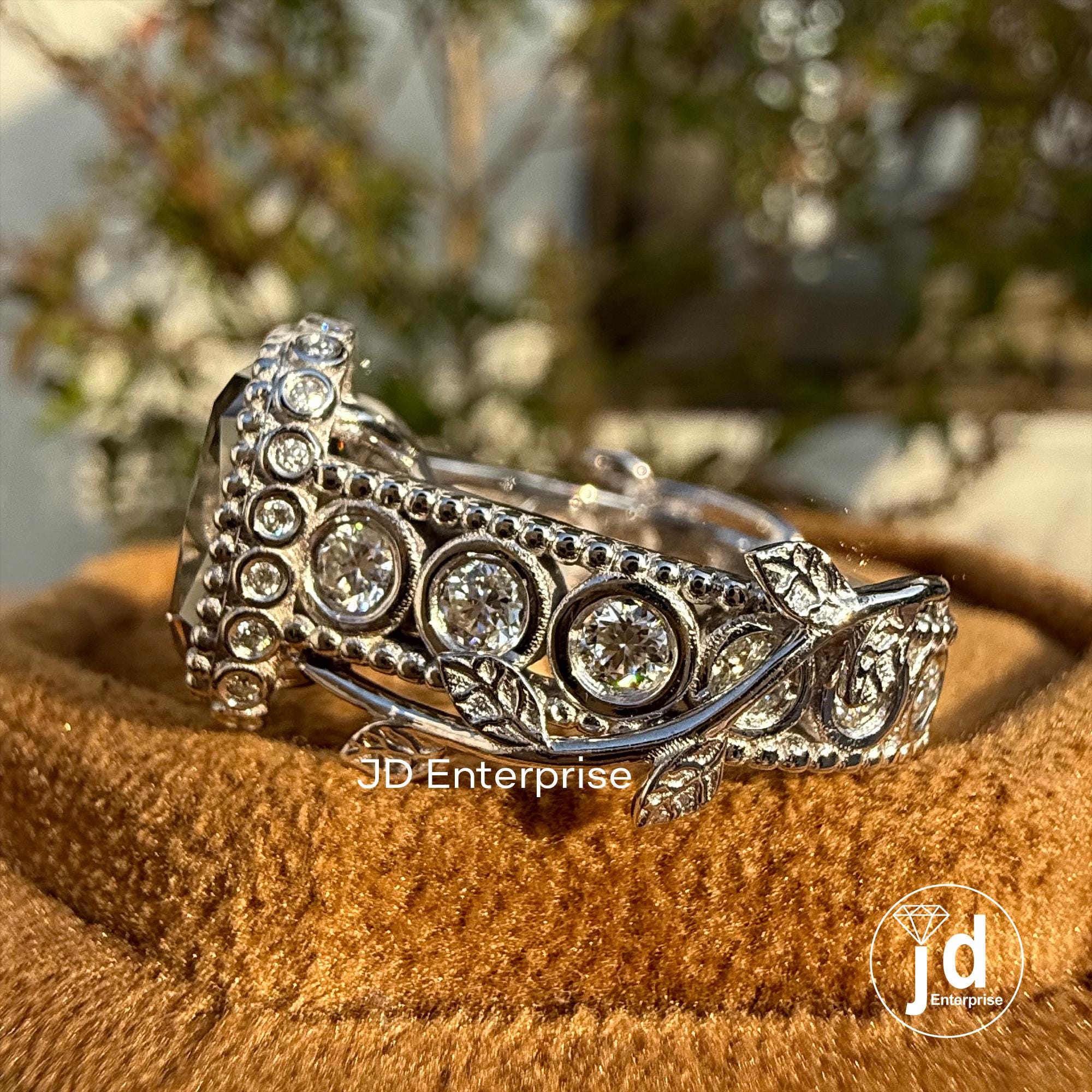 Vintage 5.24 TCW Light Grey Old Mine Cushion Cut Engagement Ring, Bezel Set Branch & Leaf Moissanite Wedding Ring, Milgrain Hidden Halo Ring