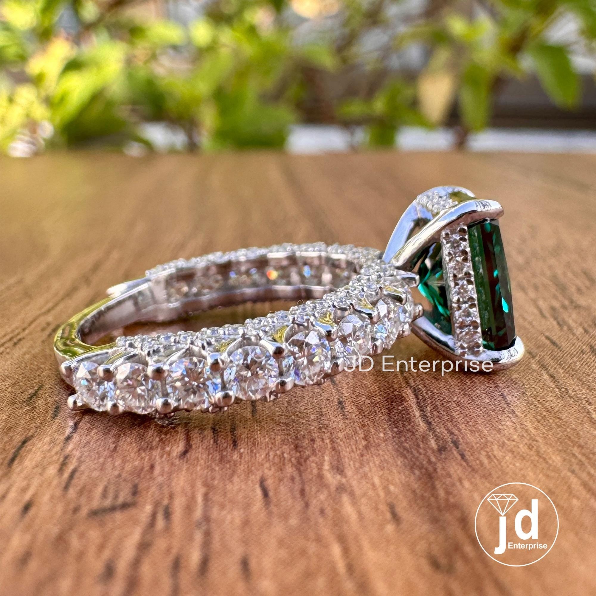 Fancy Dark Green Radiant Cut Moissanite Engagement Ring, Hidden Halo Wedding Ring, Three Side Pave Ring, Anniversary Ring for Women