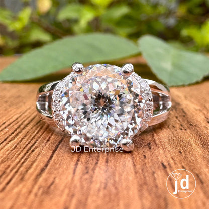 Vintage Style Engagement Ring, 3.50 CT Colorless Portuguese Cut Moissanite Ring, Round Half Halo Ring, Split Shank Wedding Ring, Bridal Ring