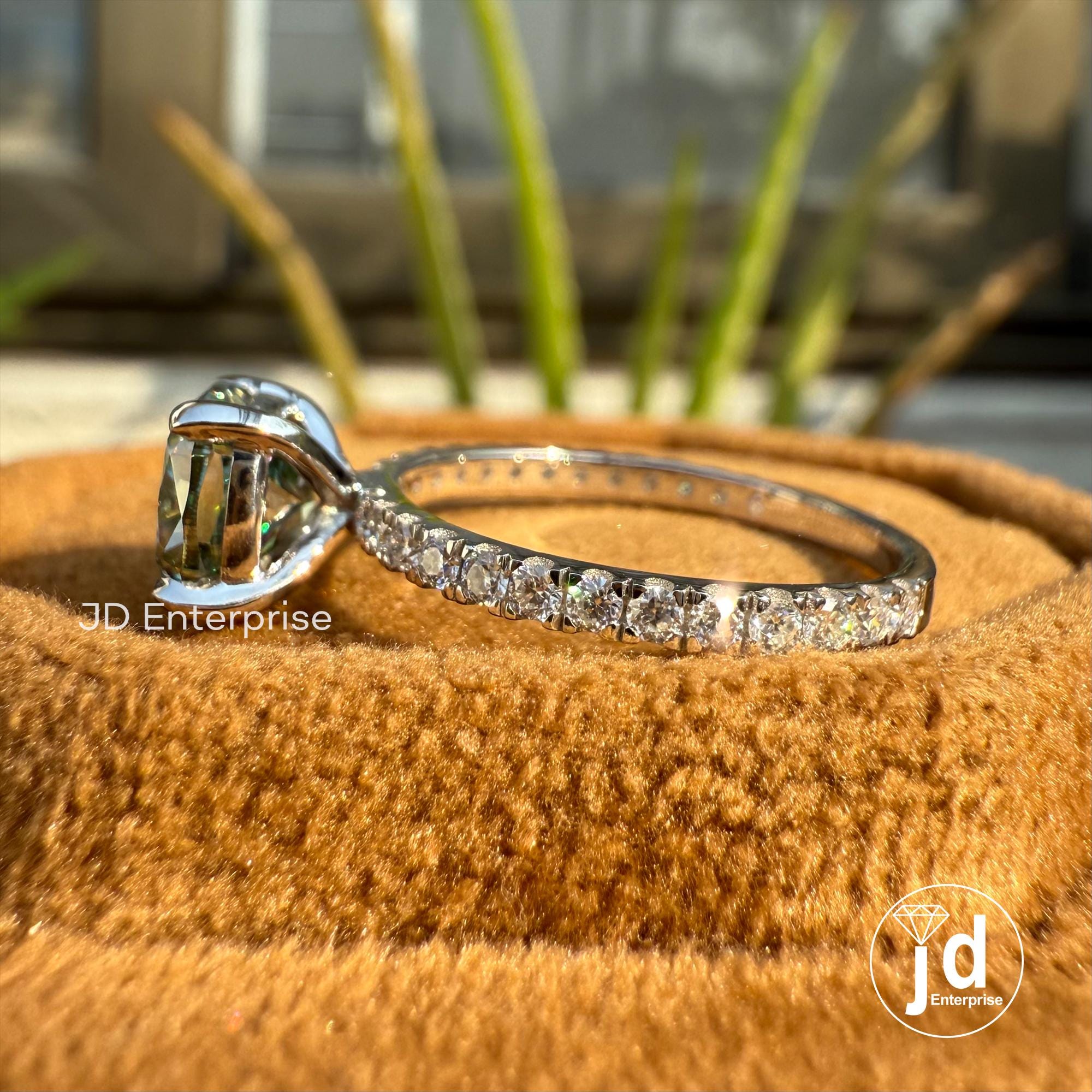 Cushion Moissanite Wedding Ring, 1.50 CT Blue Green Moissanite Bridal Ring, Accent Set Engagement Ring, 10K White Gold Anniversary Gift Ring