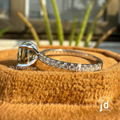 Cushion Moissanite Wedding Ring, 1.50 CT Blue Green Moissanite Bridal Ring, Accent Set Engagement Ring, 10K White Gold Anniversary Gift Ring