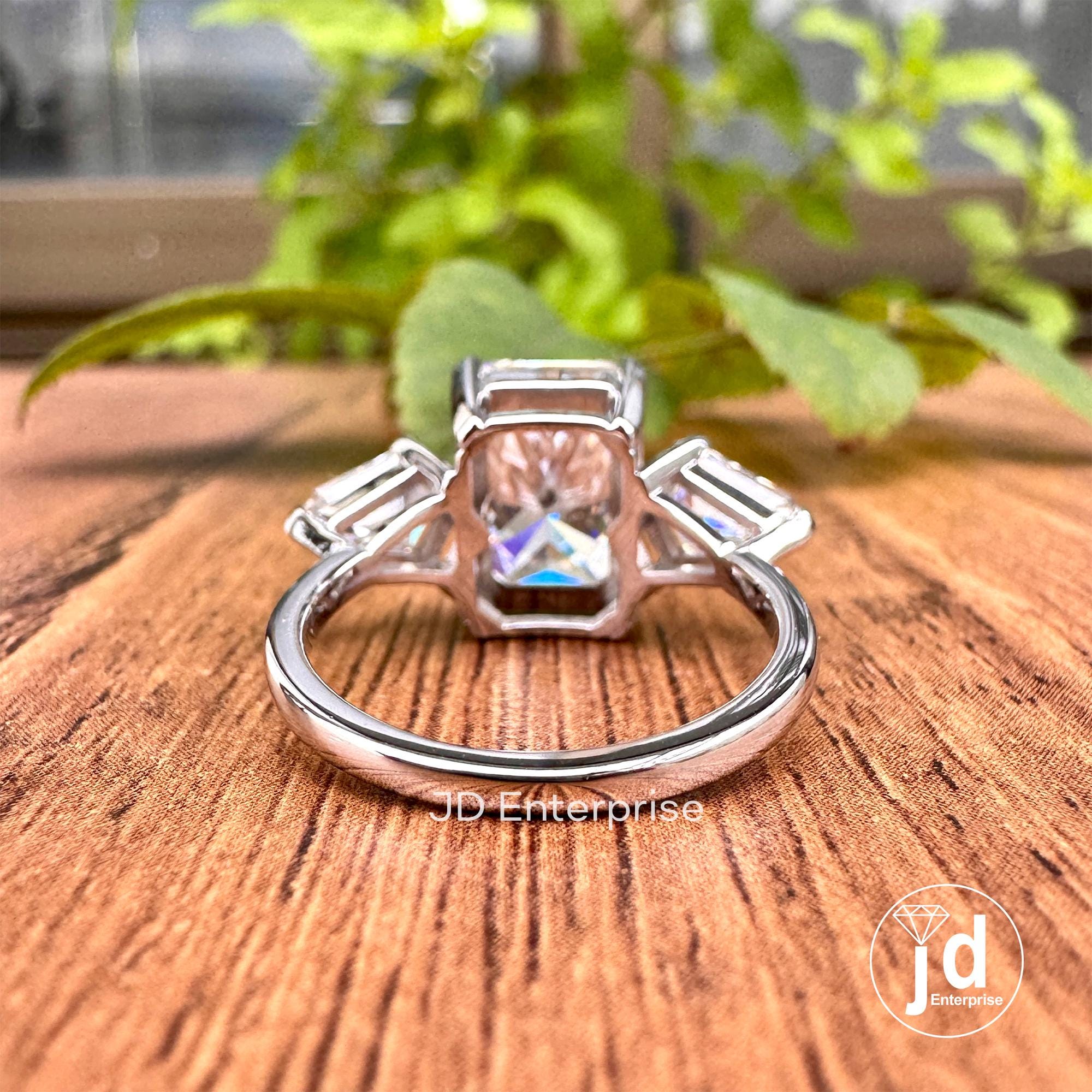 Three Stone Radiant Cut Engagement Ring, 5.65 TW Large Radiant Moissanite Ring, Celebrity Style, Crushed Ice Moissanite, Luxury Wedding Ring