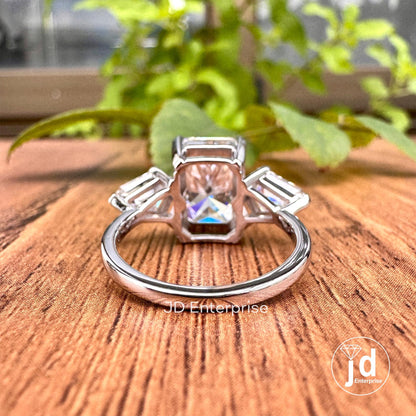 Three Stone Radiant Cut Engagement Ring, 5.65 TW Large Radiant Moissanite Ring, Celebrity Style, Crushed Ice Moissanite, Luxury Wedding Ring