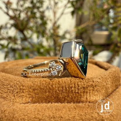 2.00 CT Green Kite Cut Moissanite Engagement Ring, Bezel Set Wedding Ring, Milgrain Work Bridal Ring, Anniversary Gifts, Proposal Ring