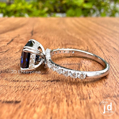 3.06 TCW Dark Blue Radiant Cut Moissanite Engagement Ring, East to West Set Anniversary Ring, Hidden Halo Wedding Ring, Pave Set Bridal Ring
