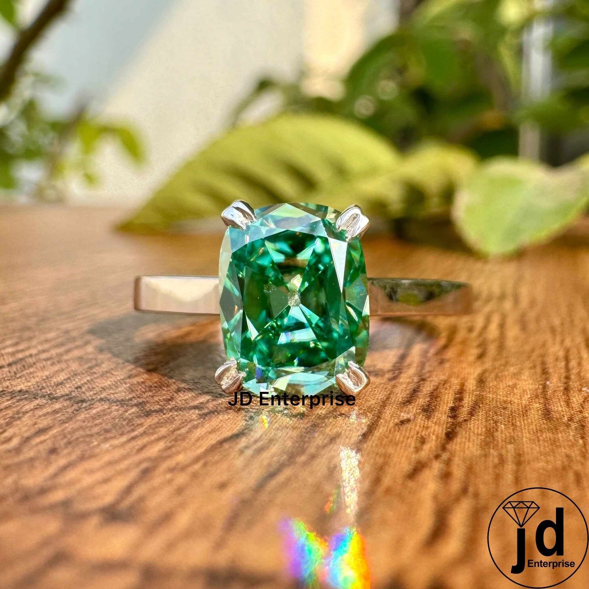 2.10 CT Fancy Green Moissanite Engagement Ring, Elongated Old Mine Cushion Cut Moissanite Anniversary Ring, Solitaire Proposal Ring for Her