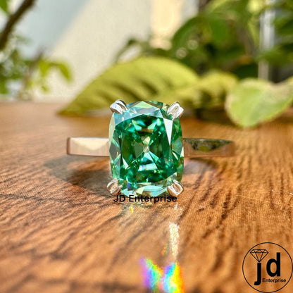 2.10 CT Fancy Green Moissanite Engagement Ring, Elongated Old Mine Cushion Cut Moissanite Anniversary Ring, Solitaire Proposal Ring for Her