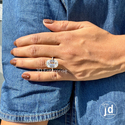 9.00 TCW Old Mine Emerald Cut Moissanite Engagement Ring, Hidden Halo Wedding Ring, Large Solitaire Celebrity Style Bridal Ring, Donut Pave