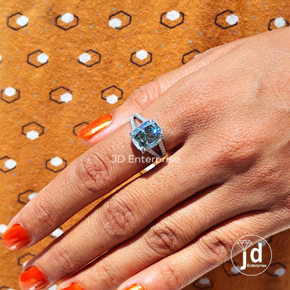 4.80CT Crushed Ice Cushion Light Grey Moissanite Engagement Ring, Hidden Halo Wedding Ring Pave Set Anniversary Ring, White Gold Bridal Ring