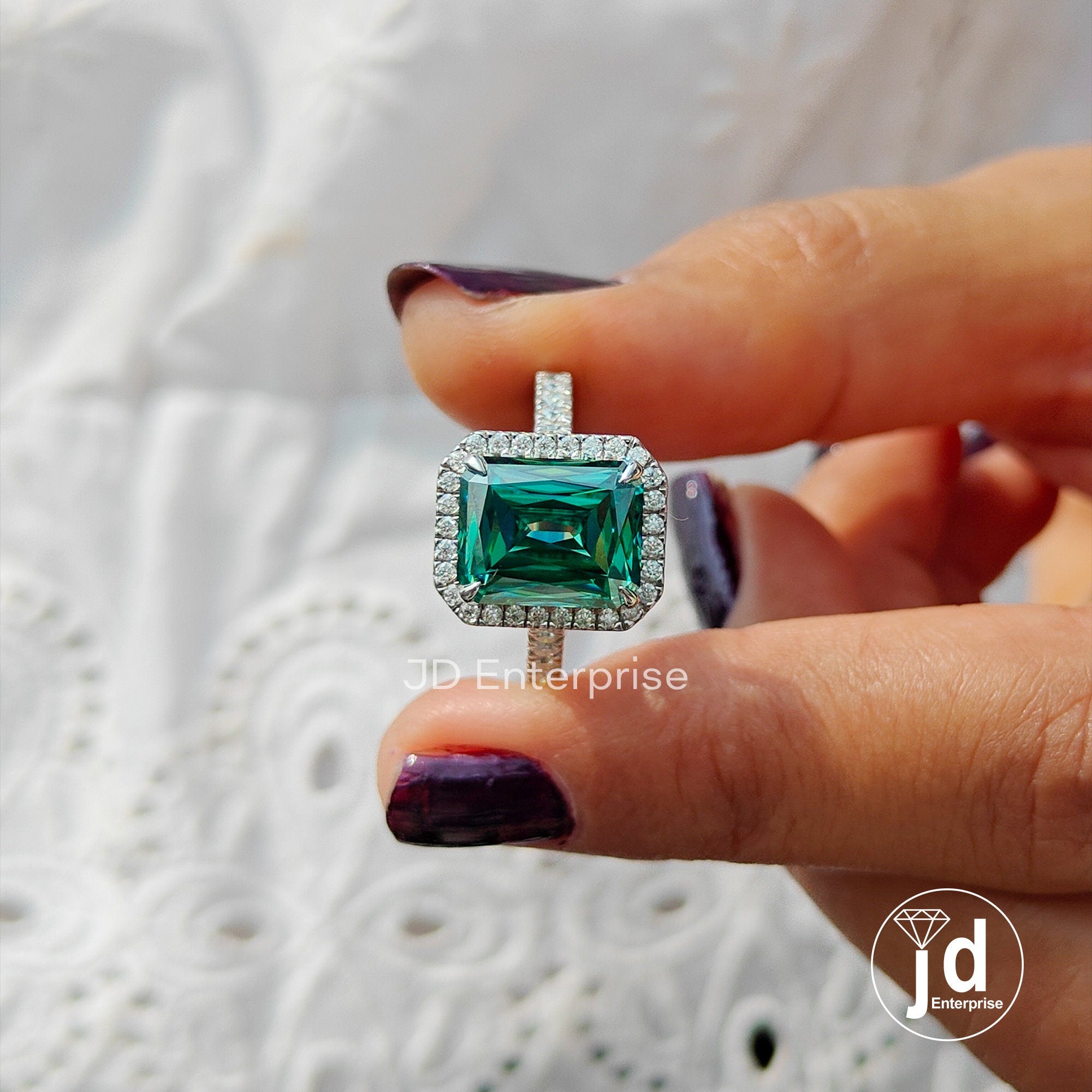 5.00 CT Criss Cut Green Moissanite Engagement Ring, Bridge Petite Pave Halo Wedding Ring, Full Eternity Band, Bridal Ring, Anniversary Ring