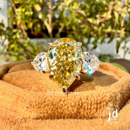 7.80 TCW Pear Cut Canary Yellow Moissanite Engagement Ring, Three Stone Wedding Ring with Heart Accents, 10k/14k/18k Yellow Gold Bridal Ring