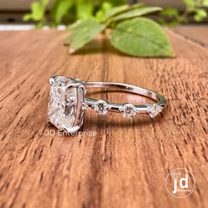 2.14 TW Colorless Elongated Cushion Moissanite Engagement Ring, Distance Pave Wedding Ring, Minimalist Anniversary Ring, Dainty Promise Ring