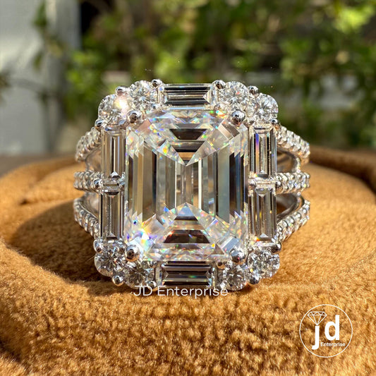 Big Emerald Cut 5.0 CT Colorless Moissanite Engagement Ring, Baguette & Round Halo Wedding Ring, Pave Split Shank Large Celebrity Style Ring