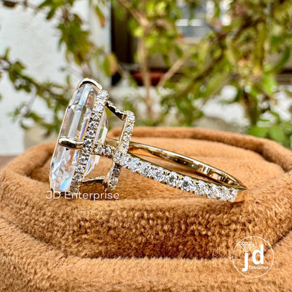9.00 TCW Old Mine Emerald Cut Moissanite Engagement Ring, Hidden Halo Wedding Ring, Large Solitaire Celebrity Style Bridal Ring, Donut Pave