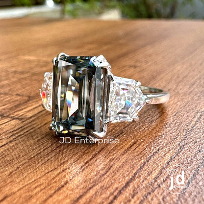 Three Stone Engagement Ring, Large 5.50 CT Criss Cut Grey Moissanite Wedding Ring, Cadillac Cut Cocktail Ring, Trilogy Ring, Bridal Ring