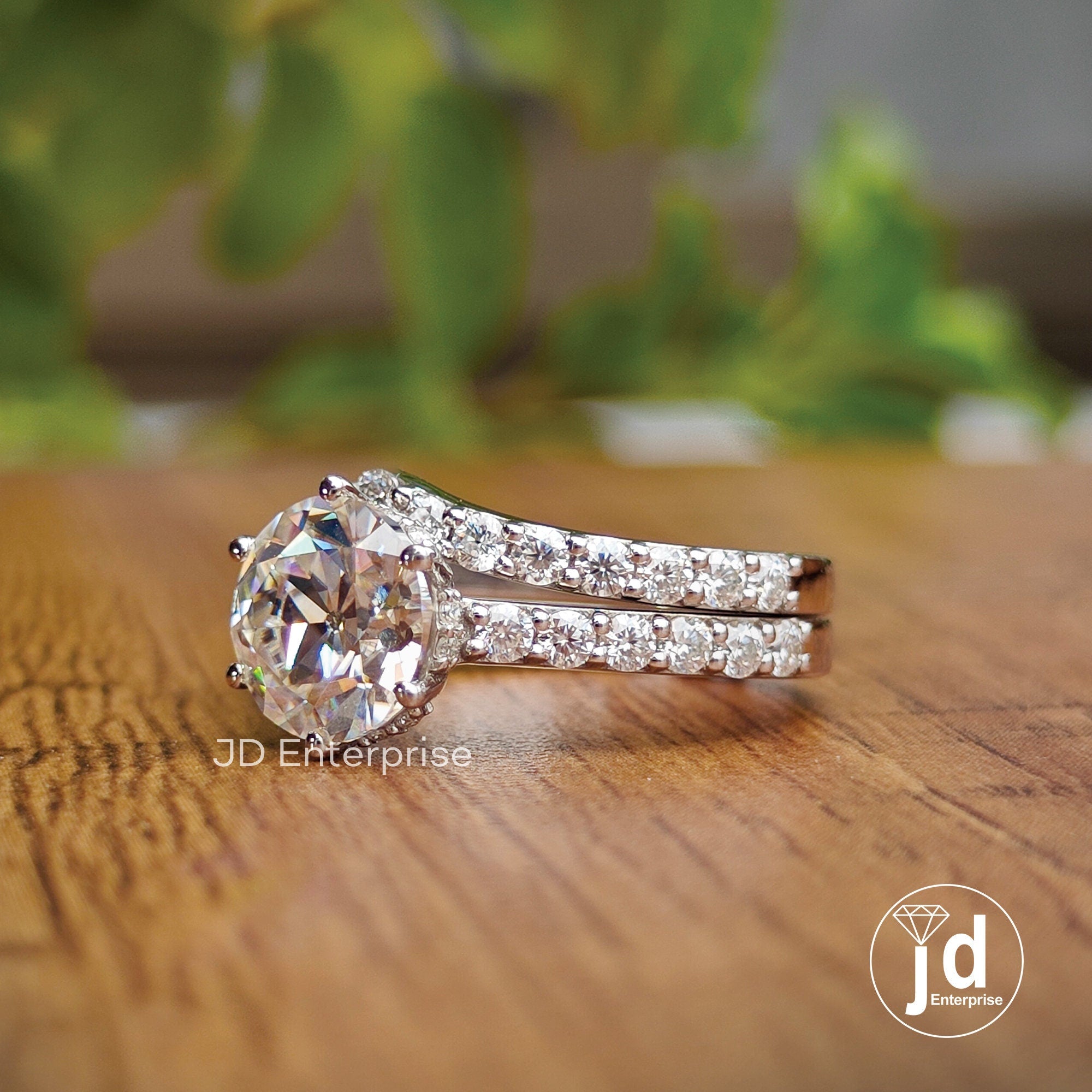 Vintage Style Wedding Set, 2.00 CT Round Old European Cut Moissanite Hidden Halo Engagement Ring, Half Eternity Curved Band, Bridal Ring Set