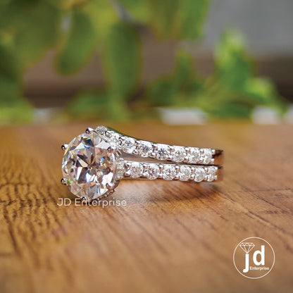 Vintage Style Wedding Set, 2.00 CT Round Old European Cut Moissanite Hidden Halo Engagement Ring, Half Eternity Curved Band, Bridal Ring Set