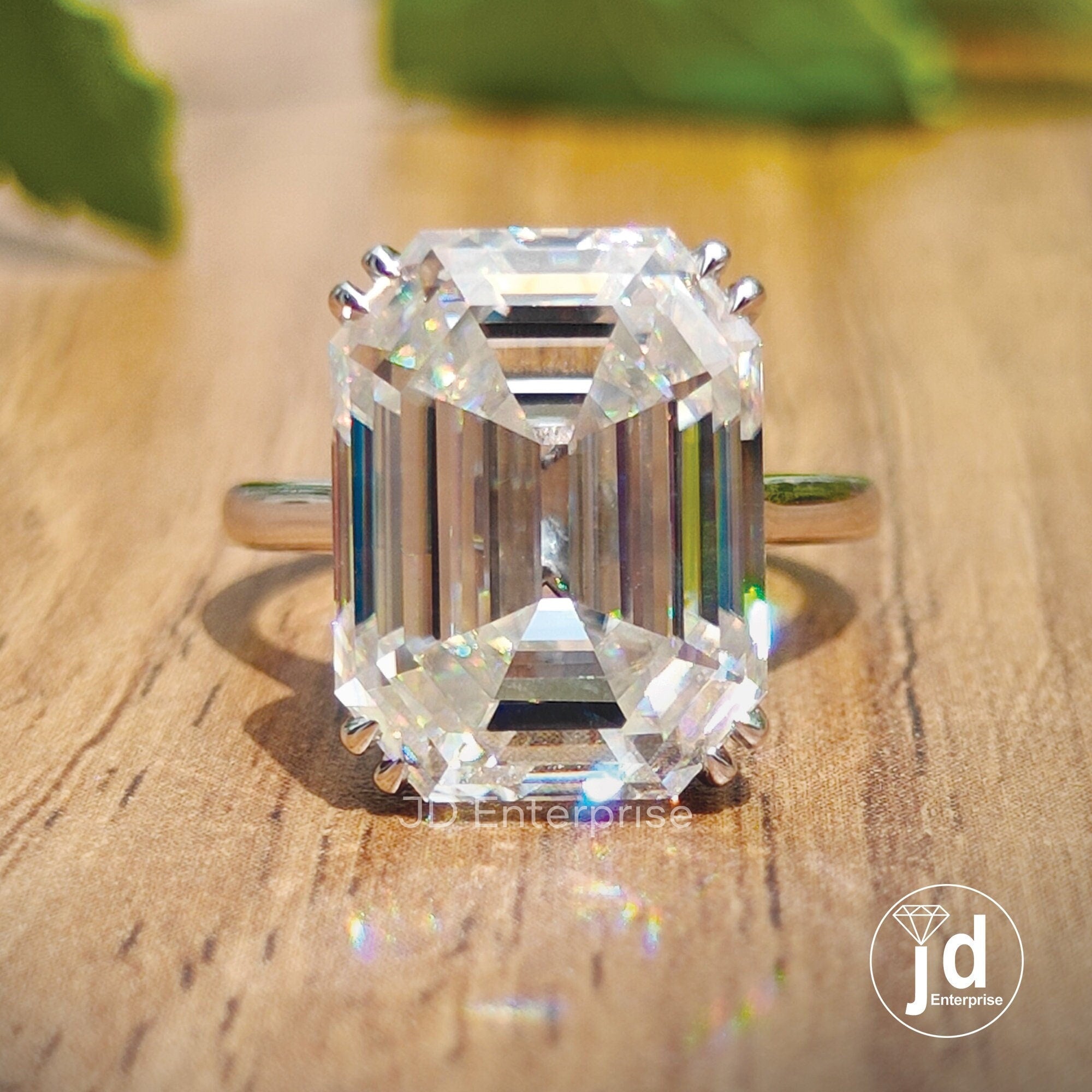 Large 12.30 CT Old Mine Cut Emerald Moissanite Engagement Ring, Celebrity Style Solitaire Wedding Ring, Double Claw Prongs, Anniversary Gift