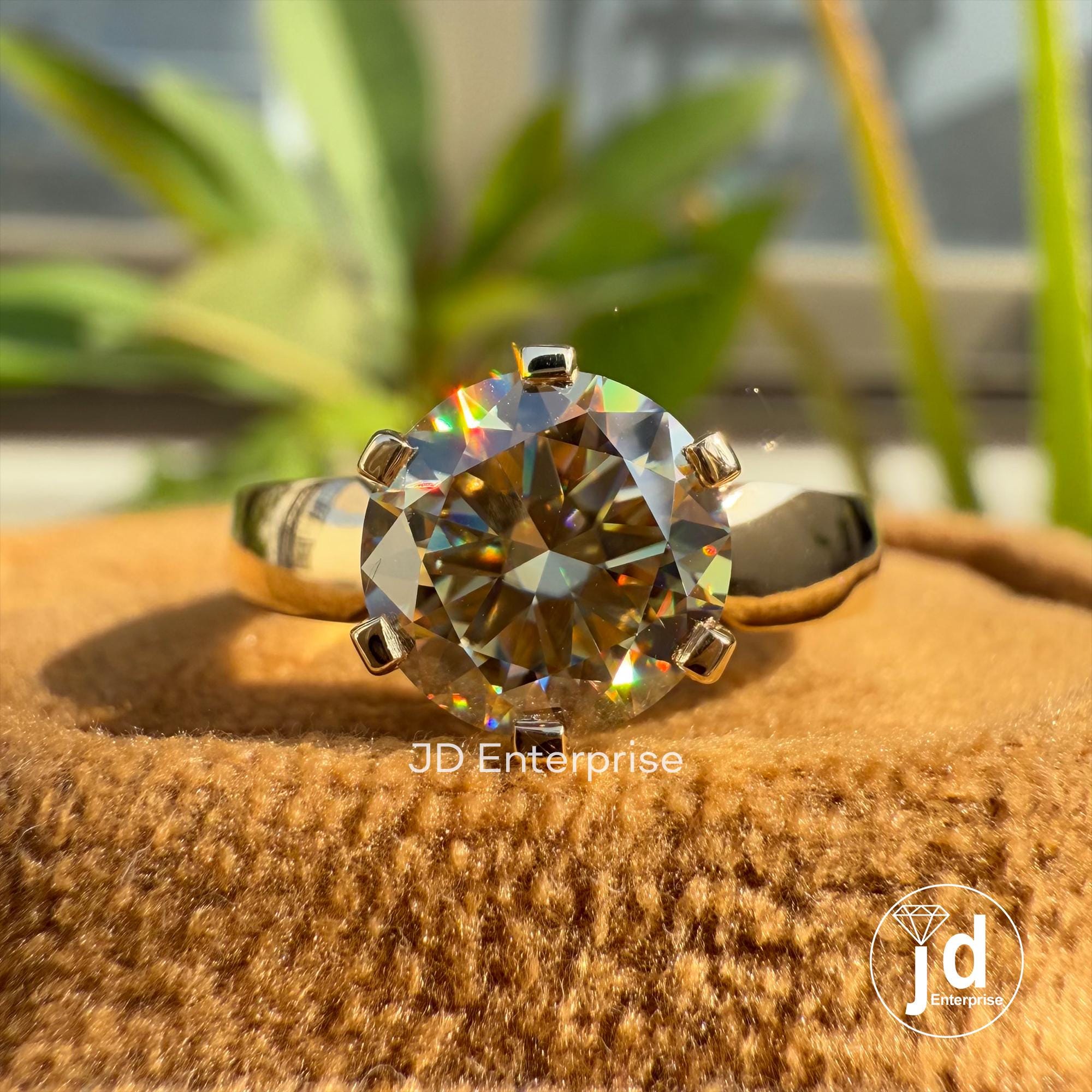 Signature 2.00CT Round Brown Moissanite Ring, Solitaire Engagement Ring, Wide Band Wedding Ring, Anniversary Gift for Women, Gift for Mother