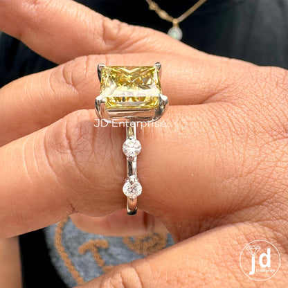 5.35 CT Princess Cut Canary Yellow Moissanite Engagement Ring, Anniversary Gift Ring for Her, Distance Pave Wedding Ring, Best Proposal Ring