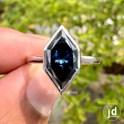 Dark Blue Solitaire Moissanite Engagement Ring, Dutch Marquise Cut Moissanite Ring, Moissanite Anniversary Ring, Bezel Set Bridesmaid Ring