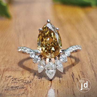 2.00CT Pear Rose Cut Brown Moissanite Engagement Ring, Marquise Cut Ring with Curved Band, Accent Set Wedding Ring, Anniversary Gift, Bridal
