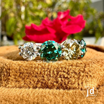 3.50 TCW Malti Color Five Stone Moissanite Wedding Ring, Yellow/Green/Colorless Round Cut Engagement Ring, Cocktail Anniversary Ring, Bridal